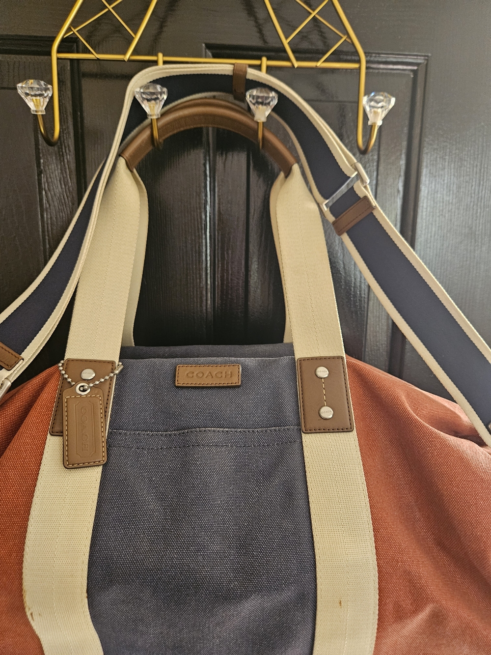 Coach Two-Tone Canvas Duffel Bag in Rust Red, Navy & Cream w/ Tolitery Bag - Picture 2 of 11